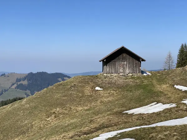 Familieveeteeltbedrijven Traditionele Landelijke Architectuur Het Alptal Langs Rivier Alp Einsiedeln — Stockfoto