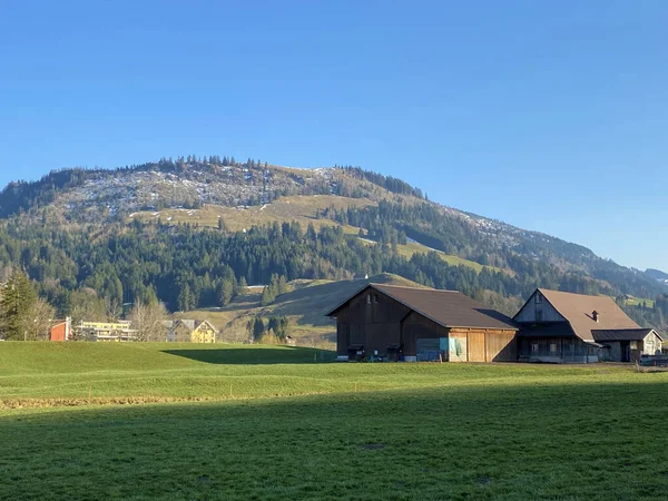 Allevamenti Familiari Architettura Rurale Tradizionale Nella Valle Alpina Lungo Fiume — Foto Stock