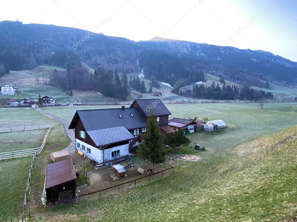 Family livestock farms and traditional rural architecture in the Alptal valley and along the Alp river, Einsiedeln - Canton of Schwyz, Switzerland (Schweiz)