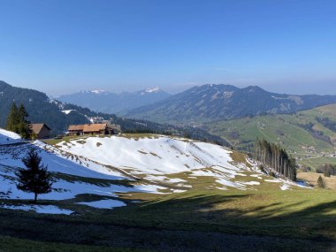 Erken bahar atmosferi ve Alptal Alp Vadisi 'ndeki son kış kalıntıları, Einsiedeln - Schwyz Kantonu, İsviçre (Schweiz)