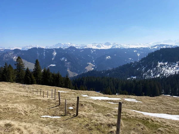 Ranní Jarní Atmosféra Poslední Zbytky Zimy Alpském Údolí Einsiedeln Kanton — Stock fotografie