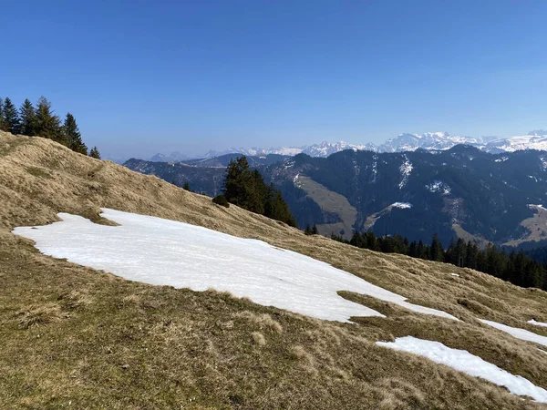 Ranní Jarní Atmosféra Poslední Zbytky Zimy Alpském Údolí Einsiedeln Kanton — Stock fotografie