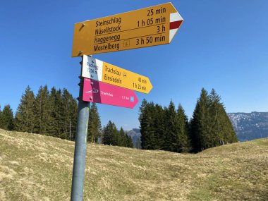Alptal Alp Vadisi üzerindeki tepelerde ve İsviçre 'nin merkezinde dağcılık işaretleri ve işaretleri, Einsiedeln - Schwyz Kantonu, İsviçre (Schweiz)