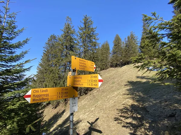 Sinais Montanhismo Marcações Nas Colinas Sobre Vale Alpino Alptal Centro — Fotografia de Stock