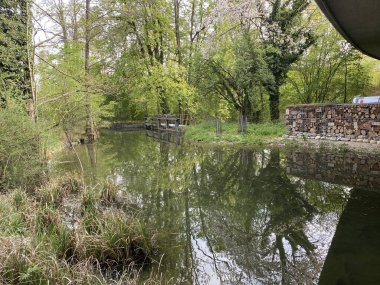 Küçük göller veya göletler boyunca ağaçlarla kaplı bir bahar manzarası ve Glatt Nehri - Zuerich veya Zürih, İsviçre (Schweiz)