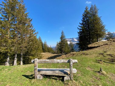İlkbaharın başlarında Eigental Alp Vadisi 'nin dağlık çayırları ve otlakları, Eigenthal - Lucerne Kantonu, İsviçre (Kanton Luzern, Schweiz)
