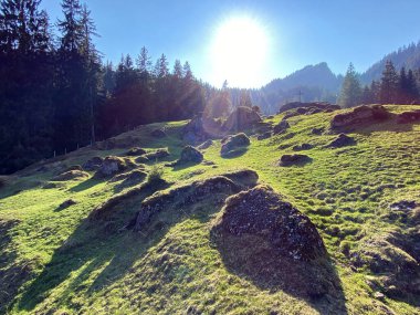 Eigental Alp Vadisi üzerinde Hristiyan haçı ve gözcüler, Einsiedeln - Schwyz Kantonu, Eigenthal - Lucerne Kantonu, İsviçre (Kanton Luzern, Schweiz)