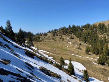 Eigental Alp Vadisi 'nde kış ve karın son kalıntılarıyla erken bahar atmosferi, Eigenthal - Lucerne Kantonu, İsviçre (Kanton Luzern, Schweiz)
