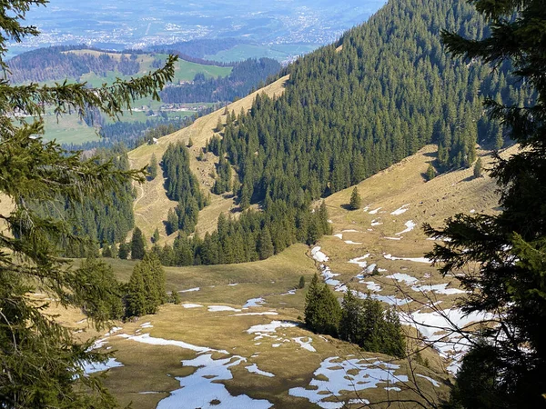 Atmosfera Primaverile Con Gli Ultimi Resti Inverno Neve Nella Valle — Foto Stock