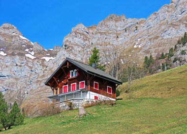 Geleneksel kırsal mimari ve aile çiftlik hayvanları Seeztal vadisinde ve Walensee Gölü üzerinde - St. Gallen, İsviçre (Kanton St. Gallen, Schweiz)