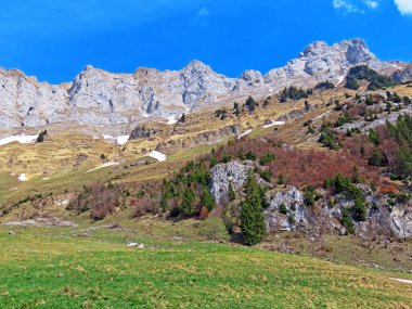 Obertoggenburg bölgesi ile Walensee Gölü arasındaki Churfirsten dağlarında Selun ve Fruemsel veya Frumsel tepeleri, İsviçre 'nin St. Gallen Kantonu.