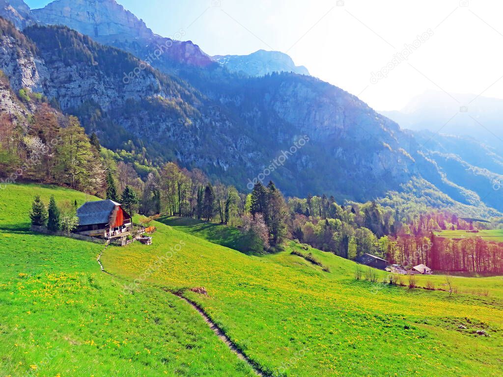 Traditional rural architecture and family livestock farms in the Seeztal valley and over Lake Walensee, Walenstadtberg - Canton of St. Gallen, Switzerland (Kanton St. Gallen, Schweiz)