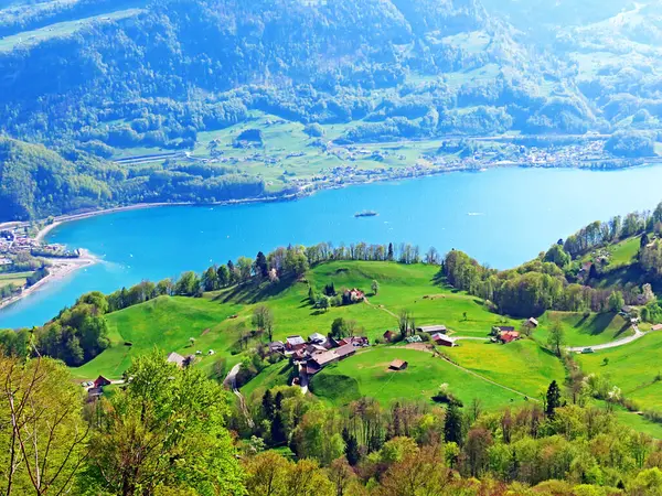 Lago Walensee Tra Catene Montuose Churfirsten Seeztal Valle Subalpina Walenstadtberg — Foto Stock