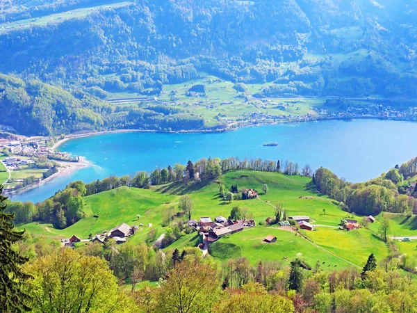 Lago Walensee Tra Catene Montuose Churfirsten Seeztal Valle Subalpina Walenstadtberg — Foto Stock