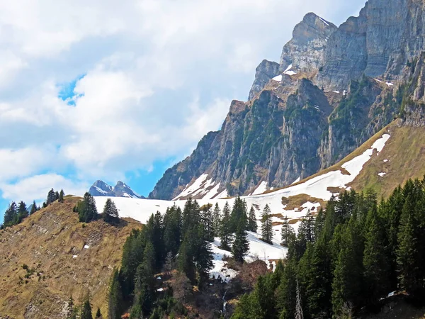スイス ザンクトガレン州 カントン セント ガレン スイス のワレンシュタットベルク シーゼル亜高山の谷で冬と雪の最後の残骸と早春の雰囲気 — ストック写真