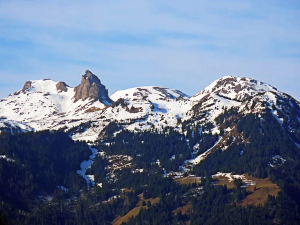 瑞士圣加仑州Oberterzen 施韦兹 Glarus阿尔卑斯山山脉的高山雪峰最小 Saechsmoor或Sachsmoor Rainissalt和Munzchopf — 图库照片