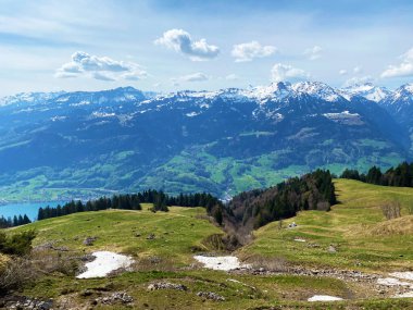 Seeztal Vadisi 'nin ve Walensee Gölü' nün üzerinde bulunan Alp otlakları ve otlakları - St. Gallen Kantonu, İsviçre (Kanton St. Gallen, Schweiz)
