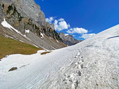 Bahar mevsiminin başlarında, Seeztal subalpine vadisinde kar ve kışın son kalıntılarıyla Walenstadtberg - St. Gallen Kantonu, İsviçre (Kanton St. Gallen, Schweiz)