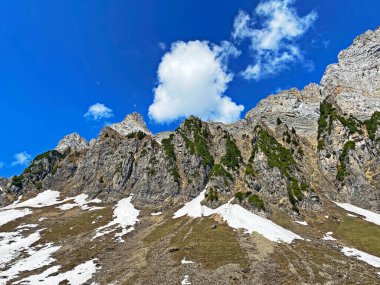 Bahar mevsiminin başlarında, Seeztal subalpine vadisinde kar ve kışın son kalıntılarıyla Walenstadtberg - St. Gallen Kantonu, İsviçre (Kanton St. Gallen, Schweiz)