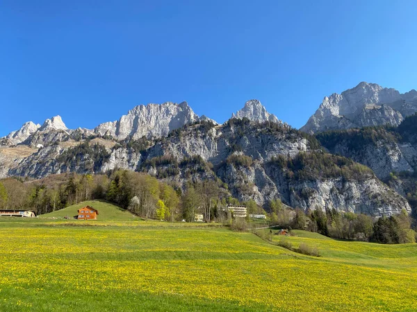 位于瑞士圣加仑州Obertoggenburg地区和Walensee湖之间的Churfirsten山脉的阿尔卑斯山峰Fruemsel或Frumsel和Brisi Schweiz — 图库照片