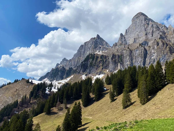 Picos Alpinos Brisi Zuestoll Cordilheira Churfirsten Entre Região Obertoggenburg Lago — Fotografia de Stock