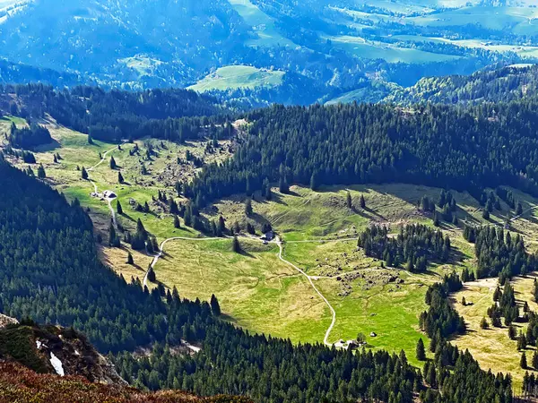 Pastagens Prados Alpinos Nas Encostas Maciço Pilatus Nos Vales Alpinos — Fotografia de Stock