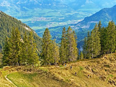 Pilatus 'un yamaçlarında ve dağın eteğindeki dağlık vadilerde yürüyüş, yürüyüş, spor ve dinlenme yolları, Alpnach - Obwalden Kantonu, İsviçre (Schweiz)