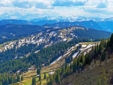 Pilatus dağ sırasının yamaçlarında kış ve karın son kalıntılarıyla ilkbahar atmosferi, Alpnach - Obwalden Kantonu, İsviçre (Kanton Obwalden, Schweiz)
