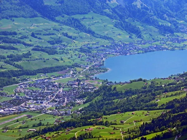 View Lake Sarnersee Pilatus Mountain Range Emmental Alps Alpnach Canton — Stock Photo, Image
