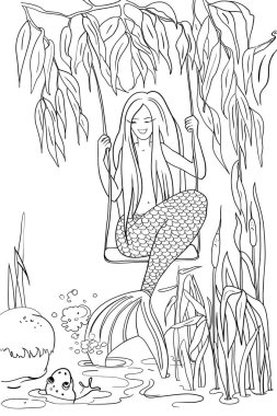 Evening pond, a mermaid with long beautiful hair and a fish tail with scales, willow branches, river plants and a frog in the water, a book for coloring, in cartoon style, in vector