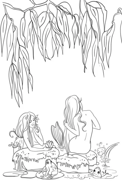 Evening pond, mermaids with long beautiful hair, talking among themselves, willow branches, river plants and frogs in the water, a book for storytelling, in cartoon style, vector — Stock Illustration Evening Pond Mermaids Long Beautiful Hair Talking Themselves Willow Branches Vector Graphics