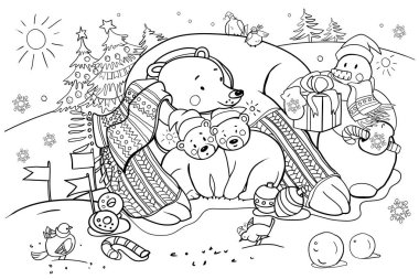 Eşarplı kutup ayısı ve Noel şapkalı yavrular, hediyeli bir kardan adam ve sevimli kuşlar, serçeler, çocuklar için yeni yıl ve Noel için boyama kitabı, vektör çizimi