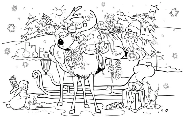 Bir kutup geyiği, hediye dolu bir çantayla, Noel Baba bir Noel ağacını tatil için taşır, bir sincap, bir tavşan ve bir serçe onlara yolda eşlik eder. Çocuklar için Noel renklendirmesi, vektör