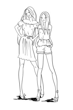 Açık renk yaz kıyafetleri içinde, uzun saçlı, çekim için poz veren, gülümseyen, el çizimi moda illüstrasyonları çizen, taslak çizen genç kızlar.