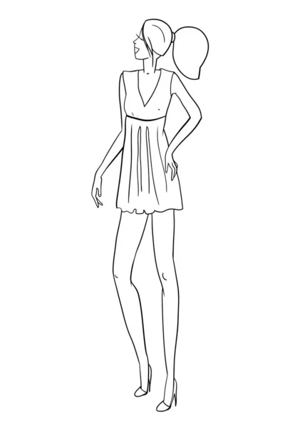 高いヒールを持つ短いドレスで美しいスリムな女の子 ポニーテールでプルダウン髪 線形図面 ファッションイラスト ベクトル — ストックベクタ