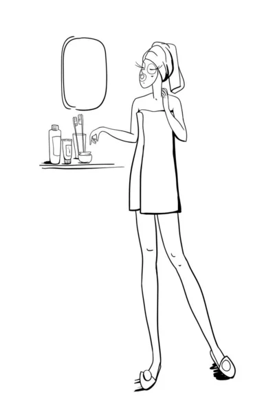 Girl Shower Bathroom Front Mirror Cosmetics Face Body Care Drawing — Stockvector