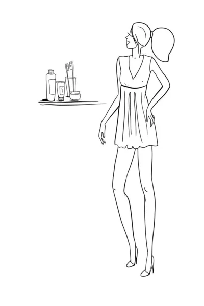 Piękny Model Dziewczyny Krótkiej Sukience Stoi Łazience Przed Lustrem Pielęgnacji — Wektor stockowy