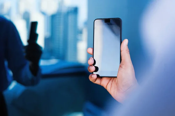 Hand Businessman Holding Phone Empty Screen Web Design — Stock Photo, Image