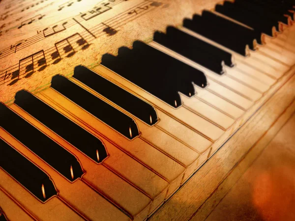 Vintage piano keys and sheet music with drawing effect — Stock Photo, Image
