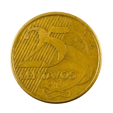 Beyaz arkaplanda 25 Brezilya Centavo sikkesi (2010) ters izole edilmiş