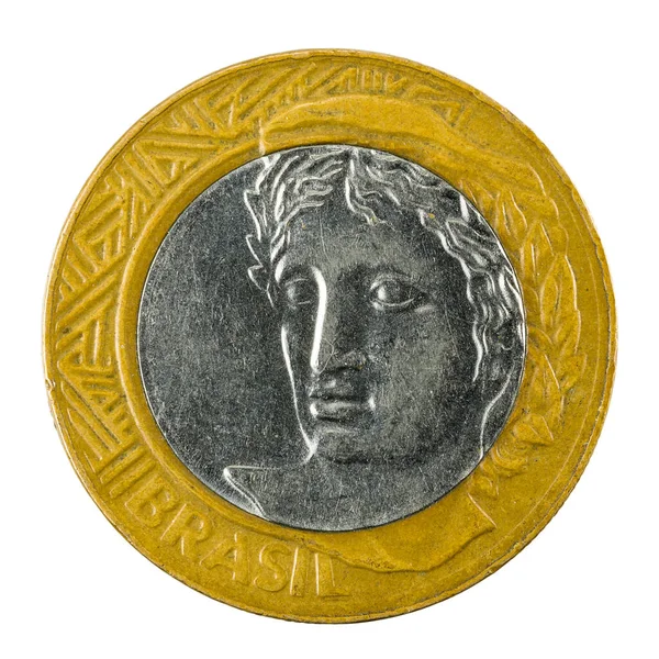 1ブラジルレアル硬貨 2013年 白地に分離 ストックフォト