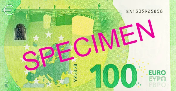 100ユーロ紙幣第2版逆標本 ストック写真