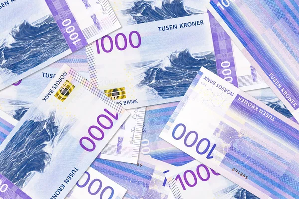 Muchos Billetes Nuevos 1000 Coronas Noruegas Que Indican Economía — Foto de Stock
