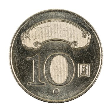 Beyaz arkaplanda 10 yeni Tayvan doları ters izole edilmiş.