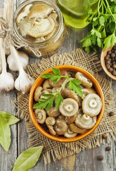 Pickled mushrooms in the ceramic bowl — Stock Photo, Image