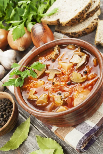 Sopa de beterraba vegetariana com cogumelos — Fotografia de Stock