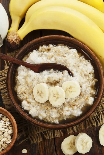 Owsianka Bananami Miodem Zdrowe Śniadanie — Zdjęcie stockowe