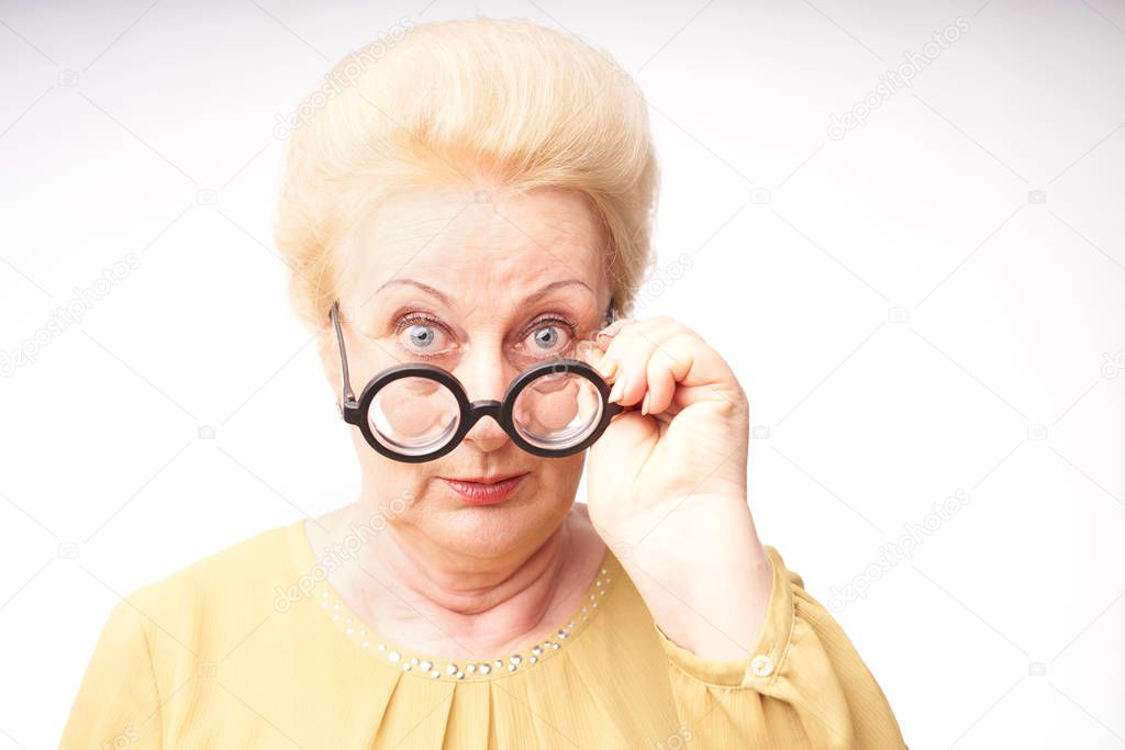 grandmother with glasses on a white background