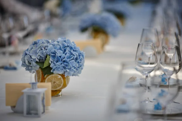 Magnifique cadre de table de mariage dans les tons bleus — Photo