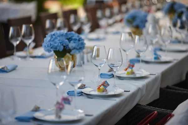 Magnifique cadre de table de mariage dans les tons bleus — Photo